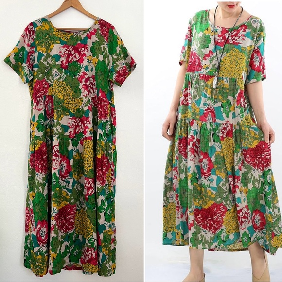 Beautiful 100% Cotton Yesno Colorful Floral Print Flowy Modest Maxi Dress - Picture 1 of 10